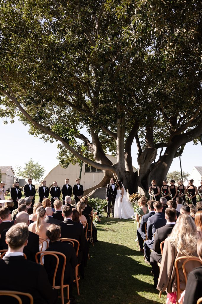 Outdoor wedding ceremony beneath the Grand Fig Tree at Jimbour House, with the bride and groom exchanging vows surrounded by guests on the garden lawn in Queensland
